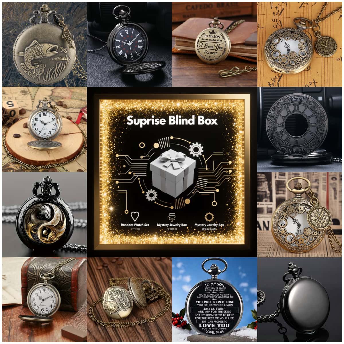 Fashion Women Watch - นาฬิกาพกควอตซ์วินเทจสุ่มแบบ 1 ชิ้น กล่องของขวัญเซอร์ไพรส์ลึกลับ สำหรับผู้ชายและผู้หญิง