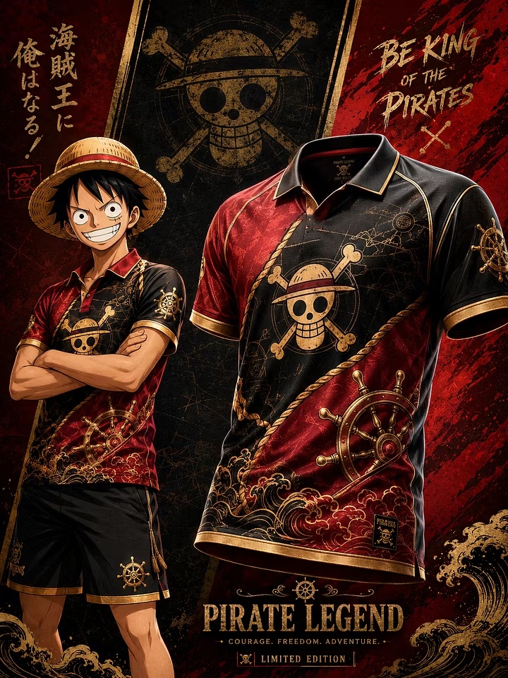 Straw Hat Summer - สินค้าใหม่ปี 2027 เสื้อผ้าลายอนิเมะ ระบายอากาศได้ดี ลายโลโก้โจรสลัดโครงกระดูก หมวกฟางลูฟี่แบบปรับแต่งได้