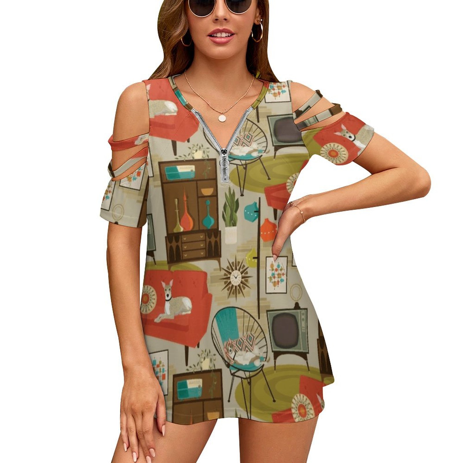 Women'S Fashion In The 1960S - Rec Room Madness เสื้อยืดผู้หญิงแฟชั่นฤดูร้อนพิมพ์ดอกไม้ V คอซิป
