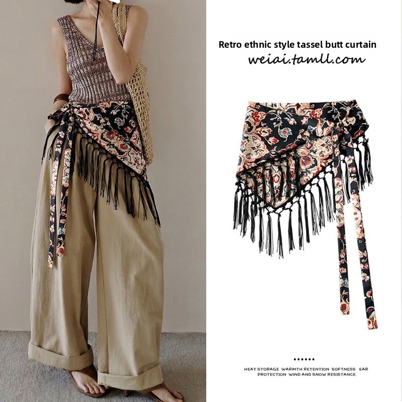 Women'S Fashion Layering - ผ้าพันคอสามเหลี่ยมพิมพ์ลายพร้อมสายผูกเอวสำหรับผู้หญิง แฟชั่นฤดูใบไม้ผลิและฤดูร้อน แผ่นผ้าสำหรับตกแต่งกระโปรง สไตล์โบฮีเมียน อุปกรณ์เสริมสำหรับคาดเอว