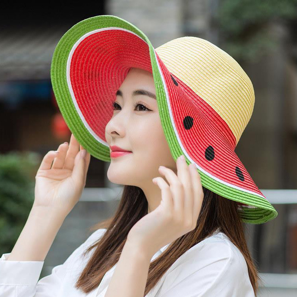 Straw Hat Summer - หมวกฟางลายแตงโมสำหรับเด็กผู้หญิง หมวกปีกกว้างกันแดดสำหรับฤดูร้อน ป้องกันรังสียูวี เหมาะสำหรับเด็กเล็ก ใส่เที่ยวทะเล ท่องเที่ยวกลางแจ้ง