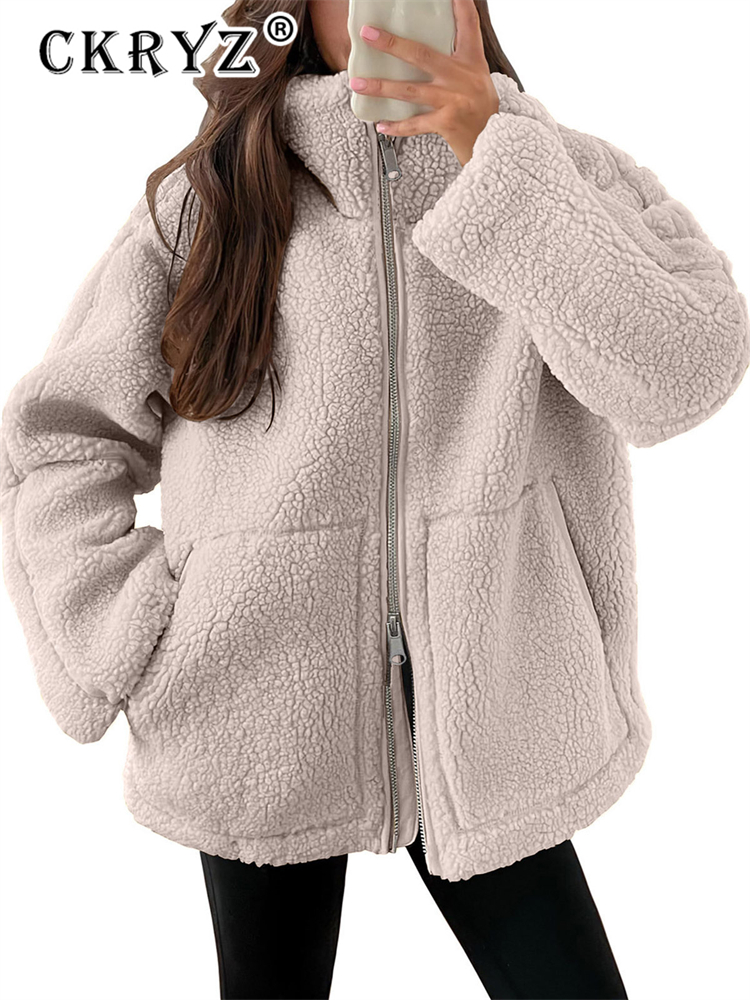Sherpa Coat Women - Ckryz Winter 2026 แฟชั่นใหม่ เสื้อโค้ทขนสัตว์ผสมทรงโอเวอร์ไซส์สำหรับผู้หญิง แจ็คเก็ตเชอร์ปา
