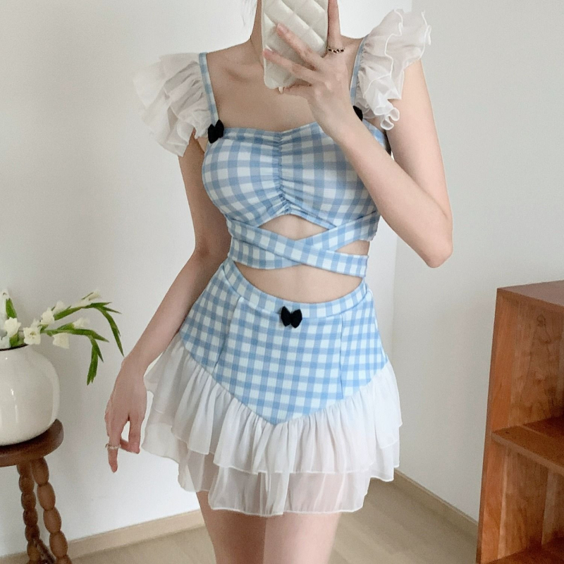 Women Fashion Korean - ชุดว่ายน้ำแบบผูกคอสำหรับผู้หญิง ดีไซน์น่ารัก โบว์ผูกเก๋ไก๋ สไตล์เรโทร คอสูง แฟชั่นสำหรับฤดูร้อน