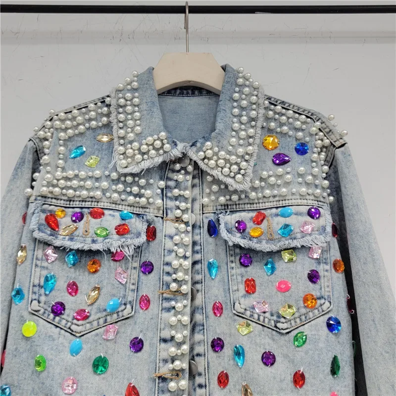 Women'S Fashion Denim Jacket - ฤดูใบไม้ร่วงผู้หญิงแฟชั่นเพิร์ลลูกปัดเพชร Frayed Burrs Light Blue Jean