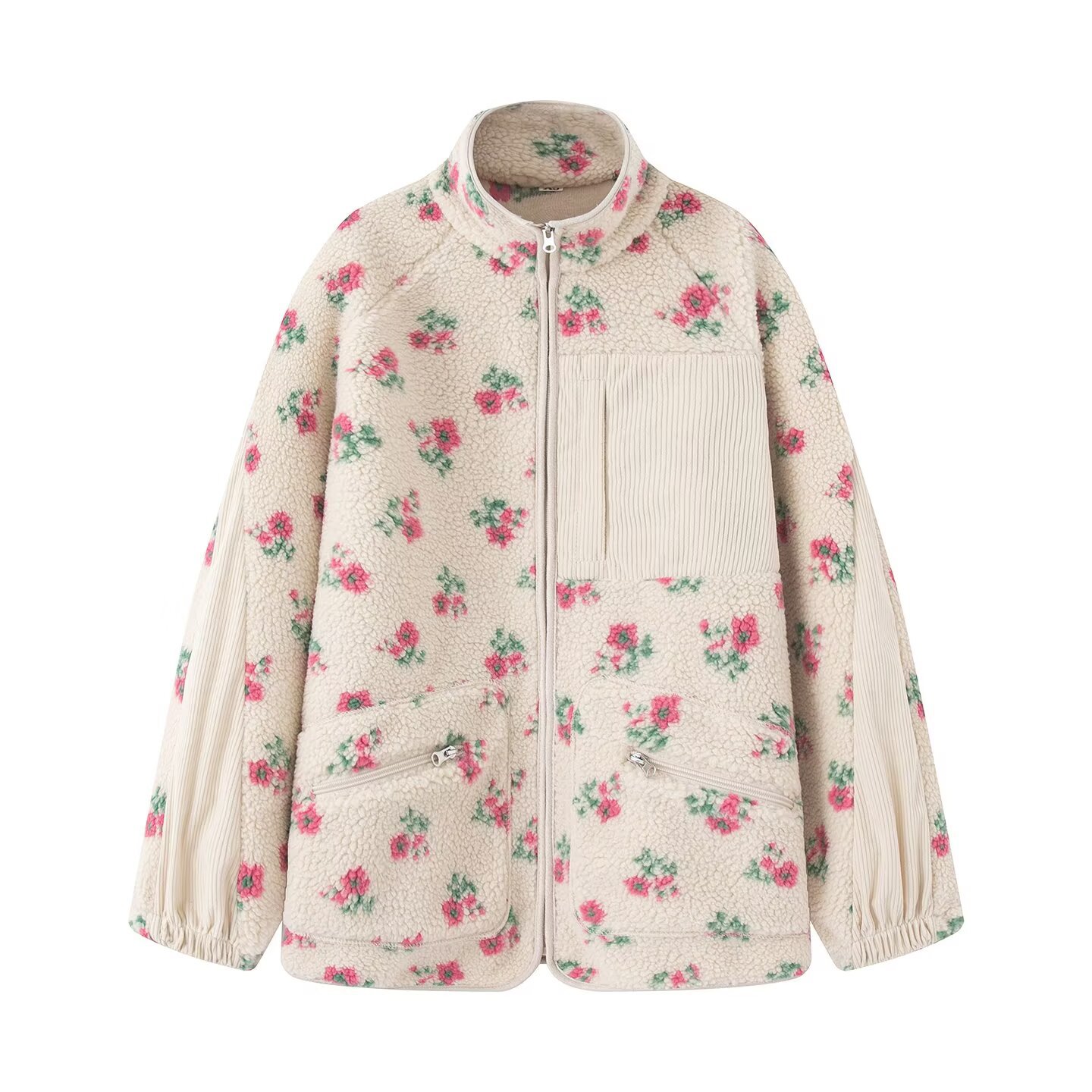 Sherpa Coat Women - เสื้อแจ็คเก็ตแฟชั่นลายดอกไม้สำหรับผู้หญิง ฤดูใบไม้ร่วง ฤดูหนาว แบบใหม่ อุ่น คอสูงครึ่งตัว