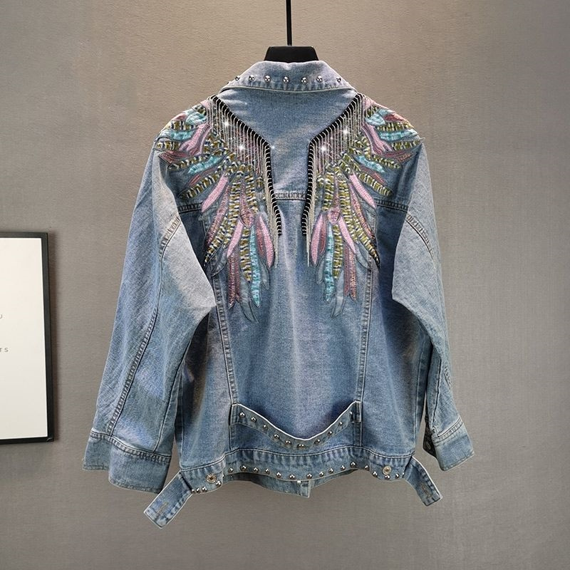 Women'S Fashion Denim Jacket - แฟชั่นฤดูใบไม้ร่วงใหม่ปี 2026 เสื้อแจ็คเก็ตยีนส์ผู้หญิงประดับหมุด แขนยาว เสื้อโค้ทยีนส์ผู้หญิง ตกแต่งลูกปัดและพู่