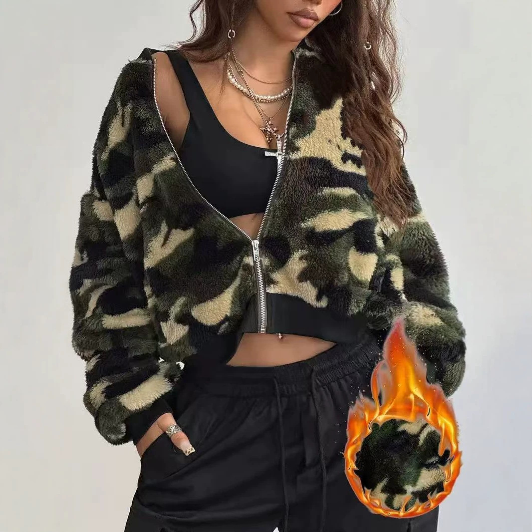 Sherpa Coat Women - เสื้อแจ็คเก็ตครอปผ้าฟลีซลายพรางสำหรับผู้หญิง แบบมีฮู้ด ซิปหน้า แขนยาว ผ้าเท็ดดี้เชอร์ปา ทรงหลวม