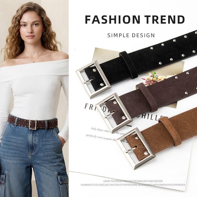 Women'S Real Y2K Fashion - เข็มขัดหนังแท้หนังกลับวินเทจสำหรับผู้หญิง พร้อมหมุดโลหะประดับ หัวเข็มขัดทรงสี่เหลี่ยม สไตล์ Y2K สำหรับชุดเดรสและกางเกงยีนส์