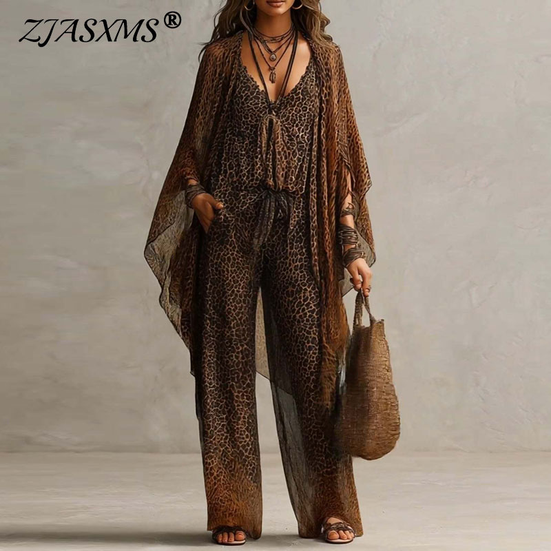 Kimono Cardigan Women - ชุดเซ็ต 3 ชิ้นลายเสือดาวสไตล์เรโทรสำหรับผู้หญิง เสื้อแขนกุด คอวี กางเกงขายาวเอวผูกเชือก