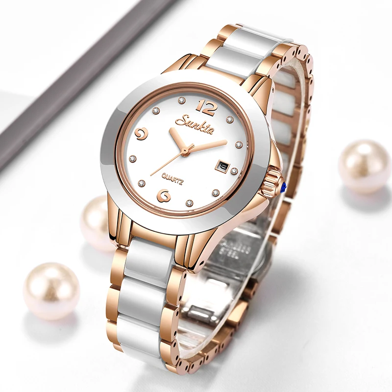 Fashion Women Watch - ซุนก้าต้าแฟชั่นนาฬิกาควอทซ์ผู้หญิงลำลองหรูหราเซรามิคเพชรปฏิทินกันน้ำสุภาพสตรีนาฬิกาผู้หญิงมงเตร เฟมม์
