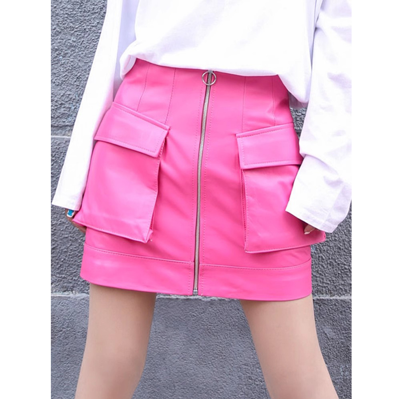 Women'S Real Y2K Fashion - แฟชั่น M-3XL กระโปรงหนังแกะแท้สีชมพูสำหรับผู้หญิงกระโปรงสั้นเอวสูงกระเป๋าใบใหญ่มีซิปสำหรับผู้หญิงกระโปรงหนังแกะ Y2K