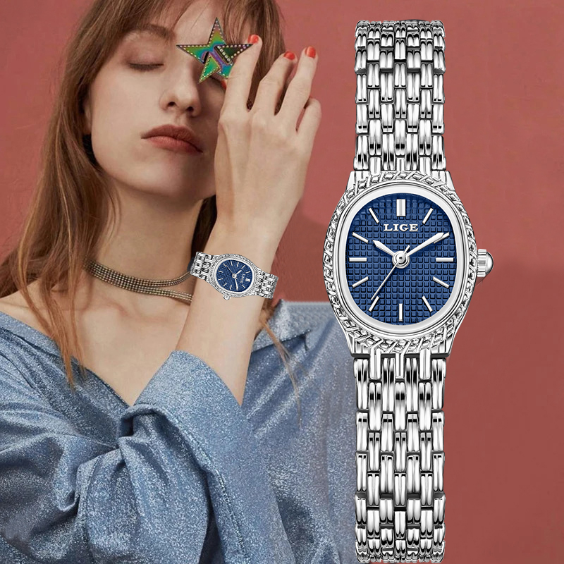 Fashion Women Watch - นาฬิกาข้อมือควอตซ์แฟชั่นหรูหราสำหรับผู้หญิง ดีไซน์เรียบหรู คลาสสิก หน้าปัดเรียบง่าย กันน้ำ สายสแตนเลส