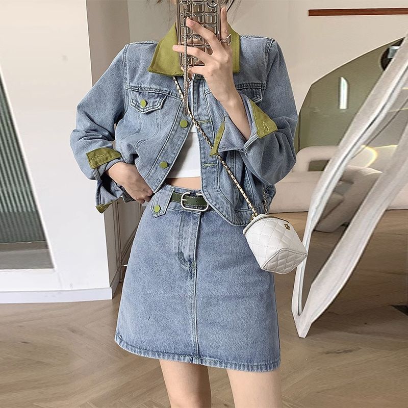 Women'S Fashion Denim Jacket - DENIM เสื้อกระโปรงมินิ 2 ชิ้นชุดฤดูใบไม้ผลิฤดูใบไม้ร่วงผู้หญิงแฟชั่น Patchwork แจ็คเก็ตสั้น