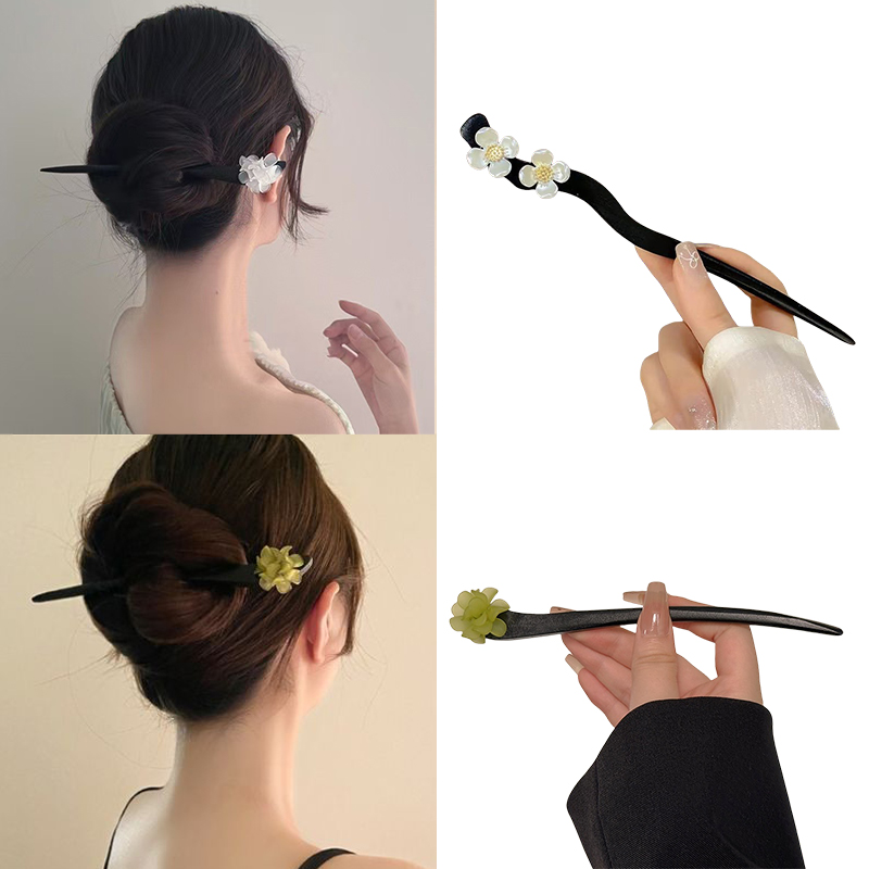Women Fashion Hair Style - วินเทจสไตล์จีนไม้ดอกไม้ผม Sticks Pearl Hairpin เครื่องประดับสําหรับผู้หญิงอารมณ์อุปกรณ์เสริมผมจัดแต่งทรงผม Gif