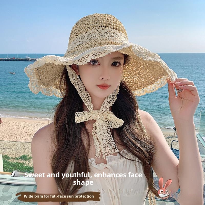 Straw Hat Summer - หมวกสานผู้หญิงสำหรับฤดูร้อน หมวกปีกกว้างแบบโปร่งพร้อมโบว์ผูก หมวกกันแดดชายหาด หมวกลูกไม้ ระบายอากาศได้ดี เหมาะสำหรับการเดินทางกลางแจ้ง