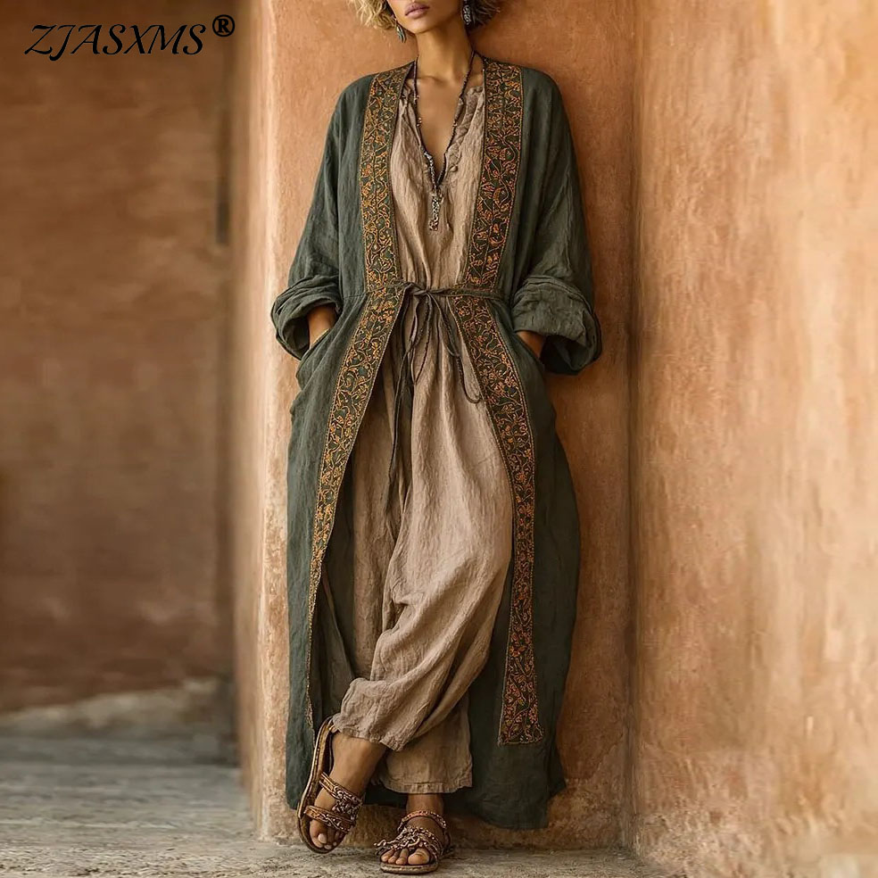 Kimono Cardigan Women - ชุดผู้หญิงแบบ 2 ชิ้นพร้อมเข็มขัด สไตล์ชาติพันธุ์ ชุดกิโมโนคาร์ดิแกนยาวหลวม +