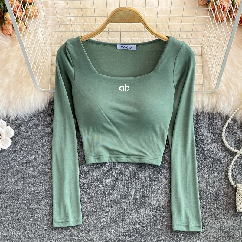 Women'S Fashion Layering - เสื้อยืดแฟชั่นเกาหลีสำหรับผู้หญิง คอเหลี่ยม แขนยาว มีบราในตัว ทรงเข้ารูป สไตล์ครอป