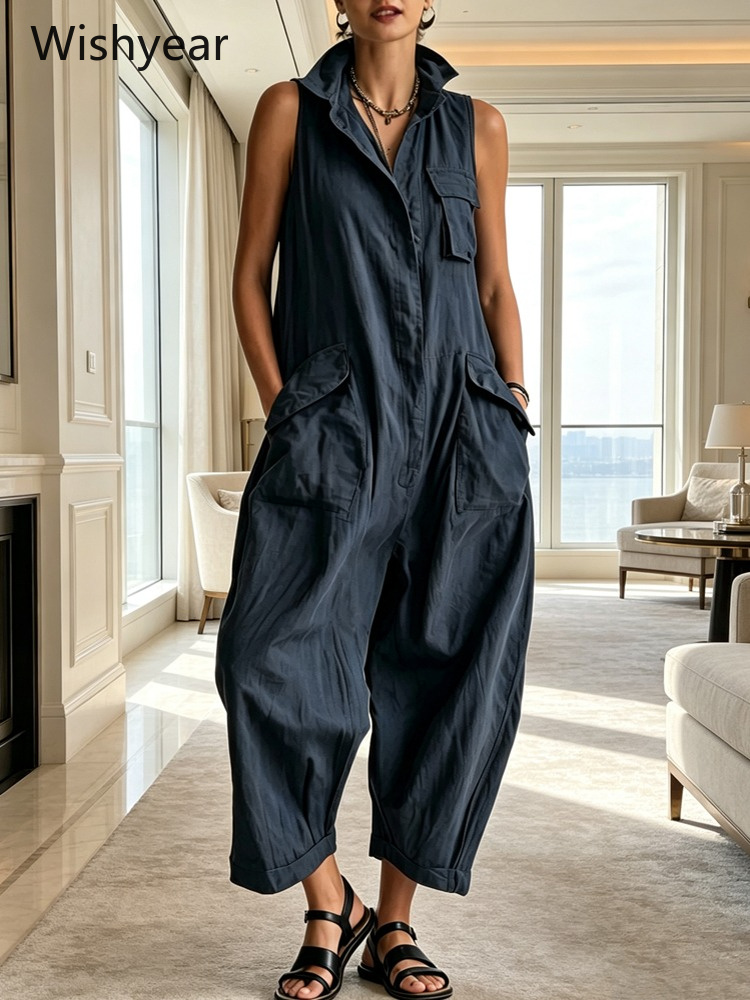 Women'S Fashion Utility Pants - ชุดจั๊มสูทแฟชั่นผู้หญิง สีน้ำเงินกรมท่า แขนกุด มีปก ติดกระดุมด้านหน้า กระเป๋าหลายช่อง