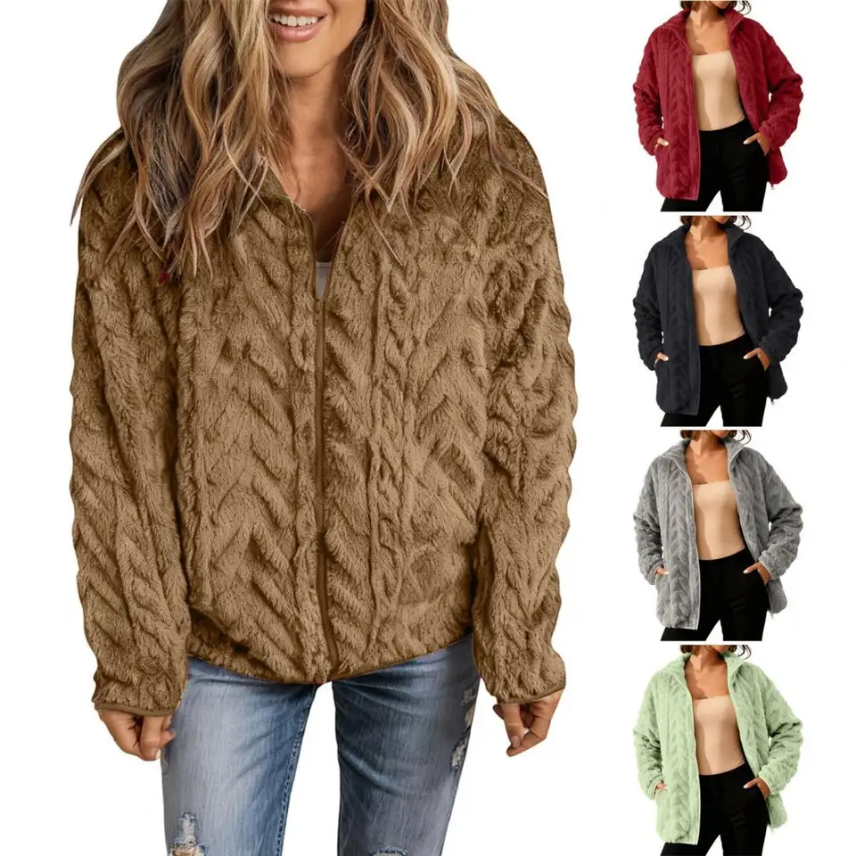 Sherpa Coat Women - เสื้อโค้ทฤดูหนาวสำหรับผู้หญิง ผ้าฟลีซสำหรับผู้หญิง คอตั้ง มีกระเป๋า เสื้อโค้ทเชอร์ปาแบบซิป แขนยาว