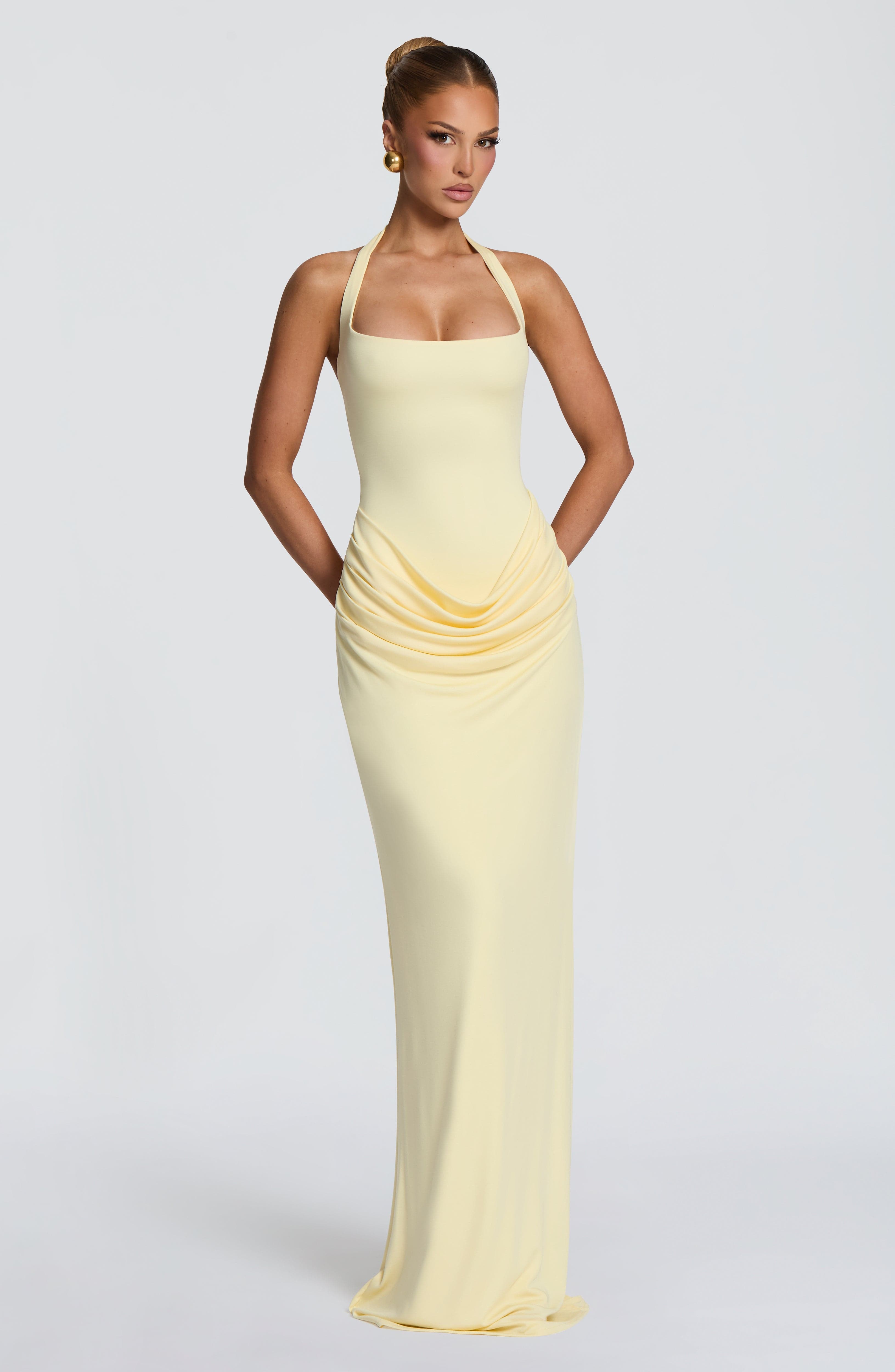 Bodycon Dress Women - เดรสยาวคอเหลี่ยมแบบผูกคอ พร้อมดีไซน์จับจีบที่เอว ทรงรัดรูปแบบเมอร์เมด สง่างาม เหมาะสำหรับงานแต่งงาน งานเลี้ยงตอนเย็น