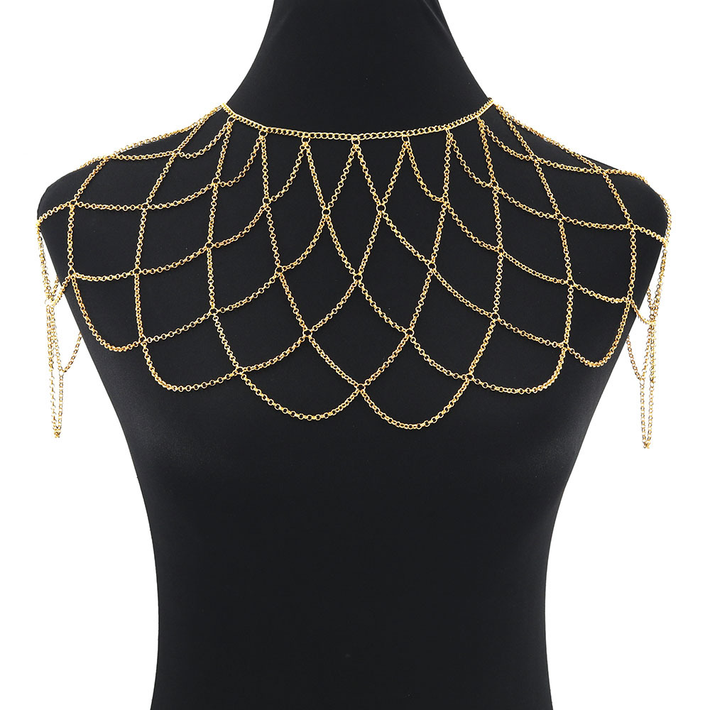 Women'S Fashion Harness - สร้อยคอสายโซ่คล้องไหล่ตาข่ายลายเรขาคณิตสีทองแวววาวสำหรับผู้หญิง เครื่องประดับตกแต่งร่างกายสุดหรูสำหรับงานแต่งงานและงานปาร์ตี้