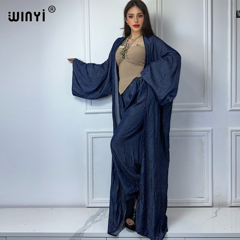 Kimono Cardigan Women - Winyi ชุด2ชิ้นแฟชั่นสไตล์แอฟริกันชุดกิโมโนสำหรับผู้หญิงชุดแมกซี่กางเกงคาร์ดิแกนชุดผ้ายีนส์แบบเจาะร้อน