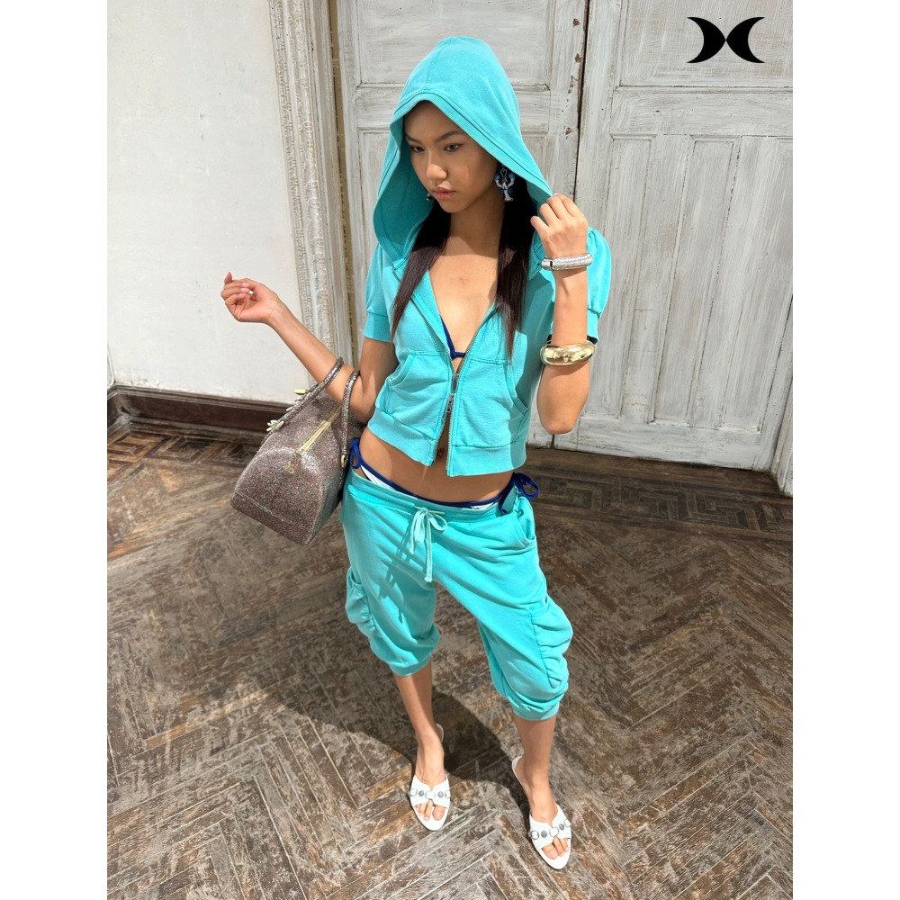Women Fashion Korean - เสื้อฮู้ดซิปแขนสั้นสไตล์สาวสปอร์ตอเมริกัน กางเกงขายาวทรงเจ็ดส่วน ชุดสูทสีพื้น แฟชั่นสไตล์สปอร์ต