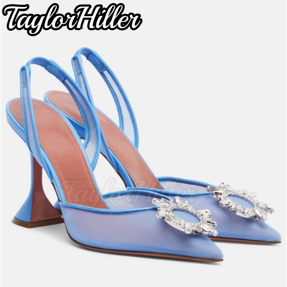 Women'S Fashion Spring Summer 2026 - รองเท้าส้นสูงแบบสวมเปิดส้น สีเงิน ประดับคริสตัล ปลายแหลม ส้นเข็มสีน้ำเงิน ผ้าตาข่าย