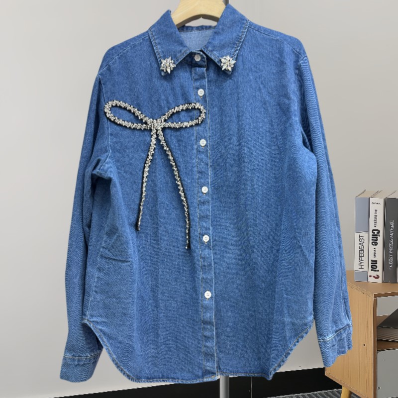 เสื้อเชิ้ตยีนส์ประดับโบว์เพชรแ - Women'S Fashion Denim Jacket บทวิจารณ์และราคา